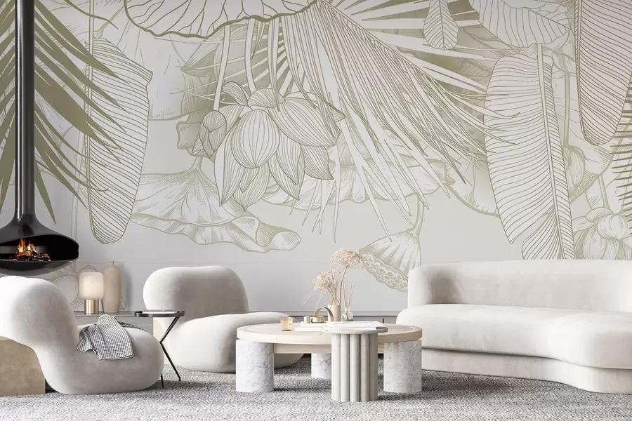 Murales de pared Un primer plano de un estampado floral beige con grandes pétalos y hojas superpuestas en un color monocromo w08389 murales de pared Un primer plano de un estampado floral beige con grandes pétalos y hojas superpuestas en un color monocromo w08389