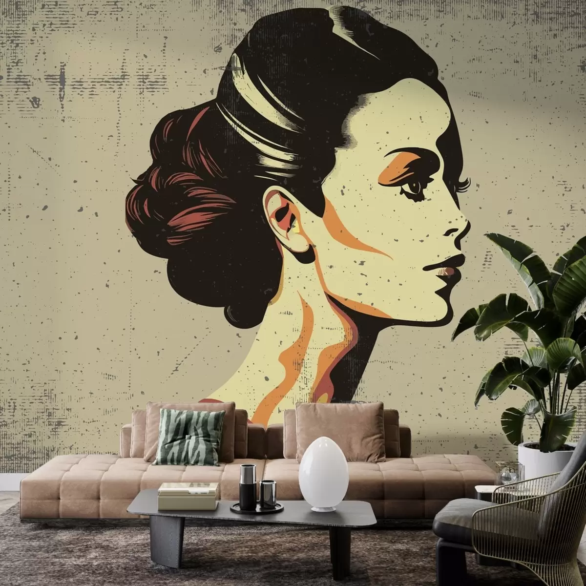 Murales de pared Chica retro sobre fondo beige y gris w02055v1 murales de pared Chica retro sobre fondo beige y gris w02055v1