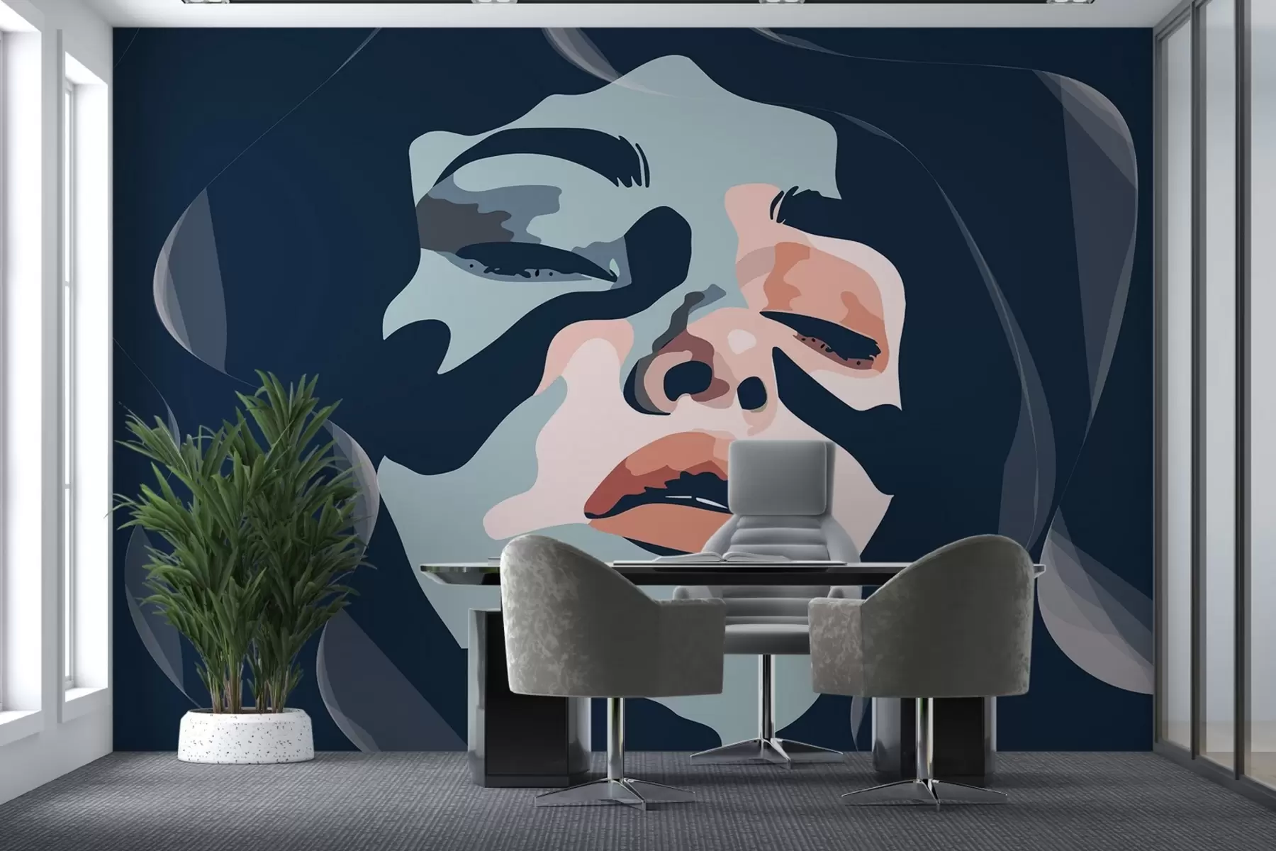 murales de pared Cara de niña sobre fondo azul, pintada con colores w02060