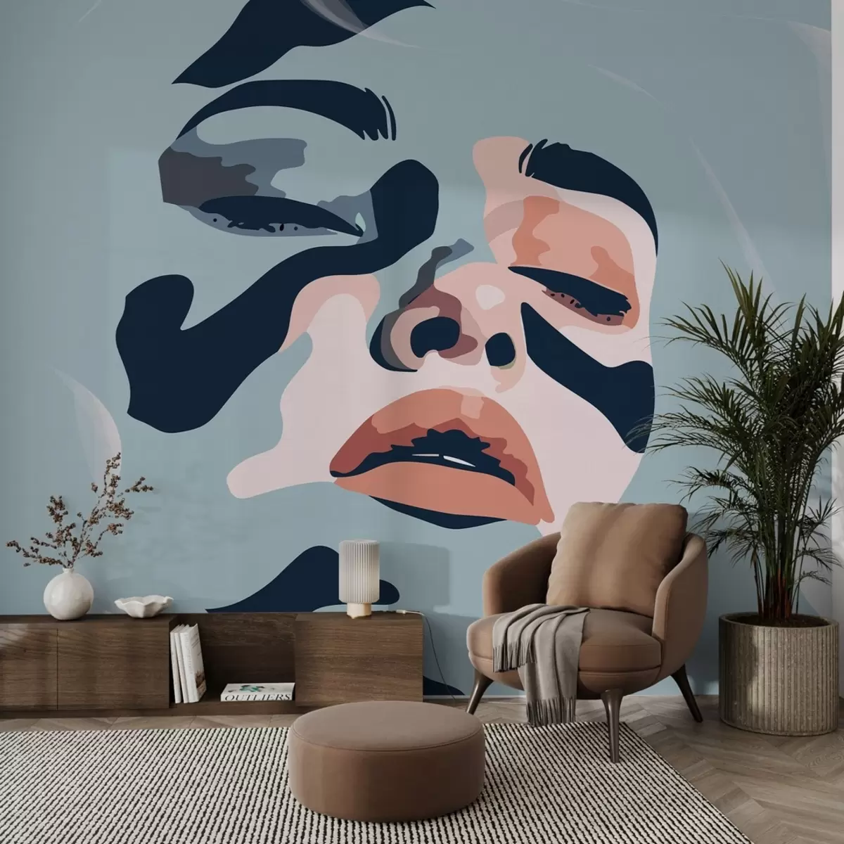 Murales de pared Cara de niña sobre fondo azul, pintada con colores w02060v1 murales de pared Cara de niña sobre fondo azul, pintada con colores w02060v1