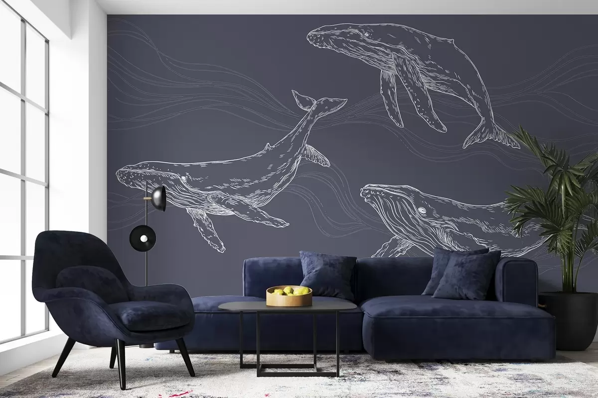 murales de pared Graciosas ballenas en movimiento oceánico u99733v1