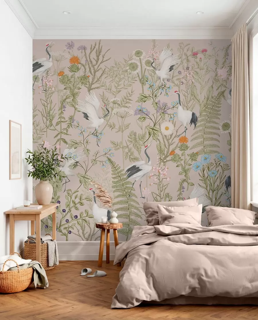 murales de pared Elegantes grullas entre flores vibrantes w00380