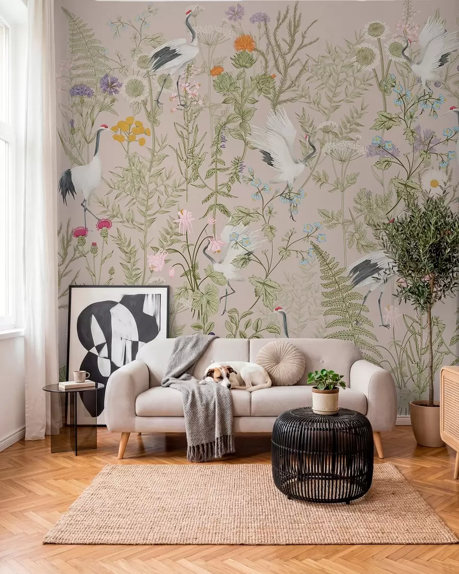 murales de pared Elegantes grullas entre flores vibrantes w00380
