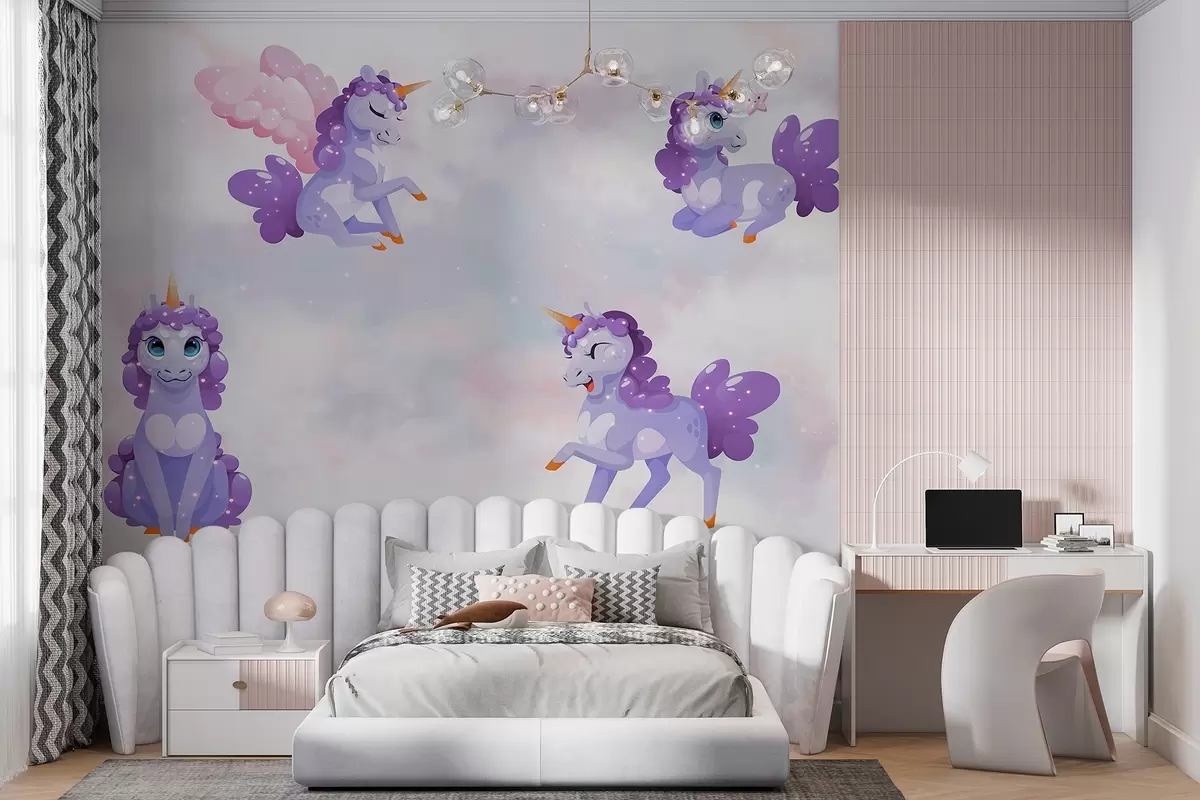 murales de pared Unicornios juguetones en un cielo de ensueño w00666