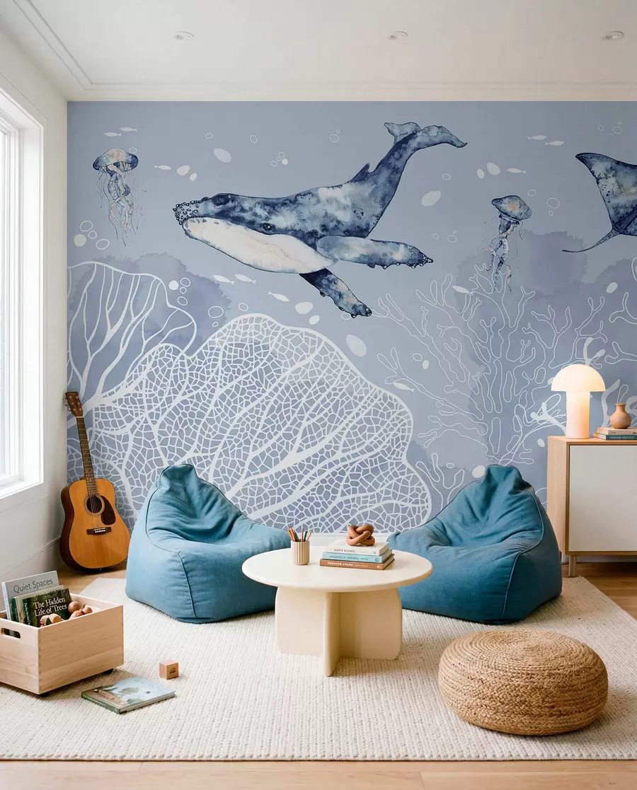 murales de pared Ballena sobre coral blanco w00848