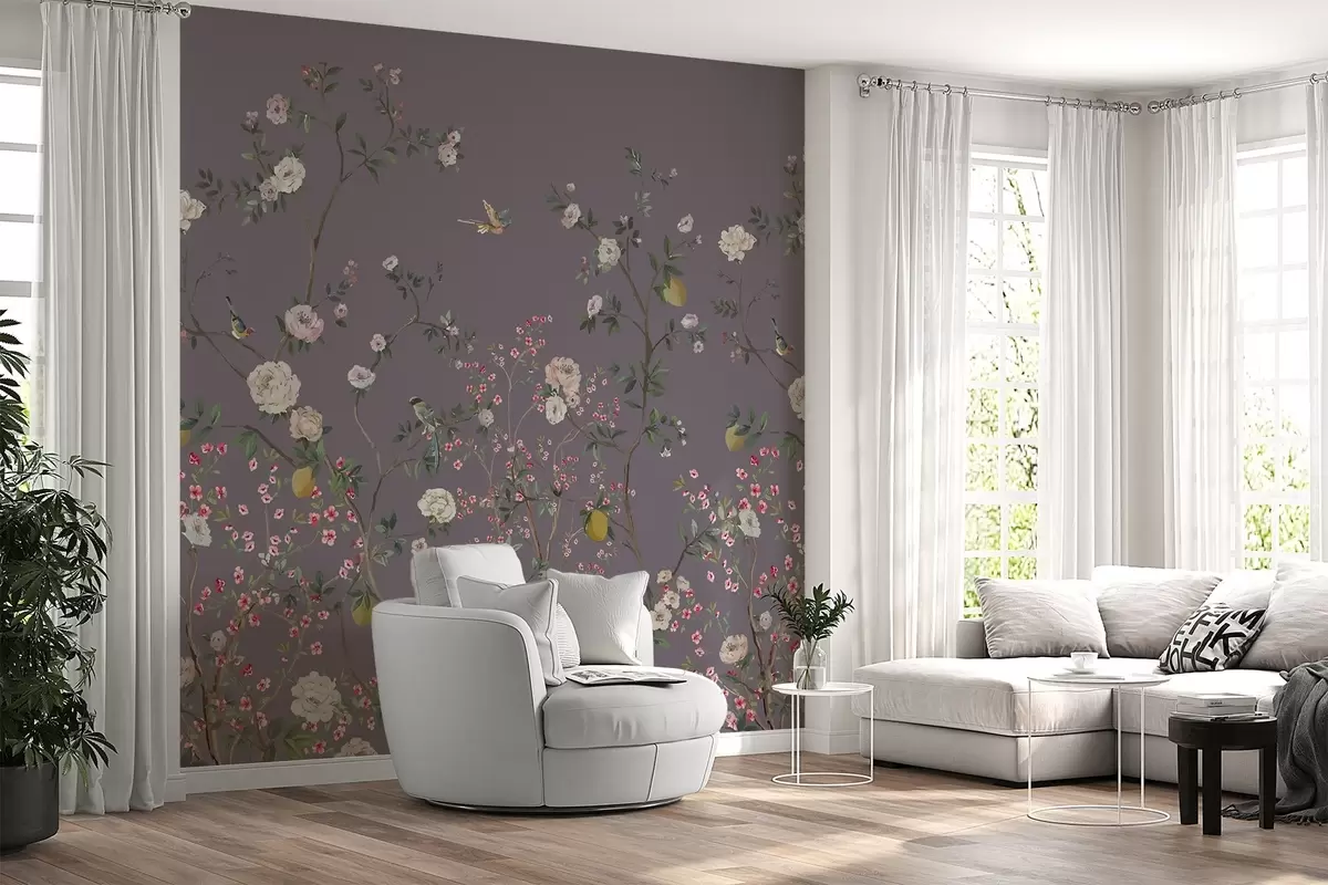 murales de pared Diseño floral con pájaros y flores w00852v3