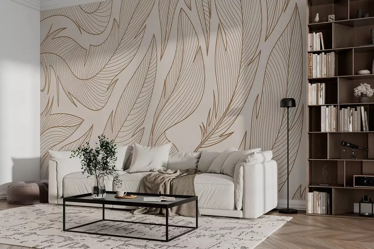 murales de pared Elegante arte lineal de hojas en movimiento w00921