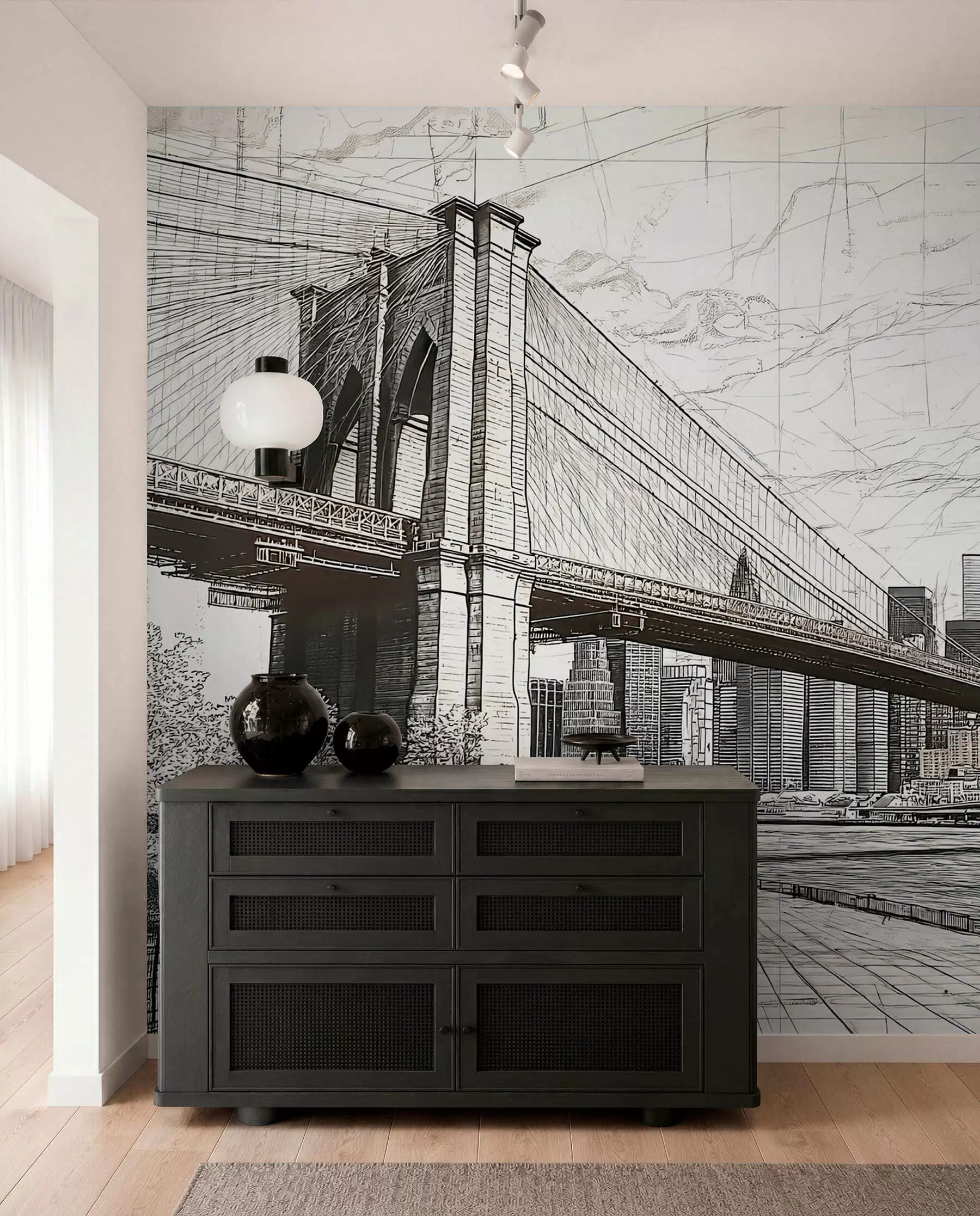 murales de pared Panorama del puente de Brooklyn realizado con una técnica retro abocetada con líneas y arañazos w01961