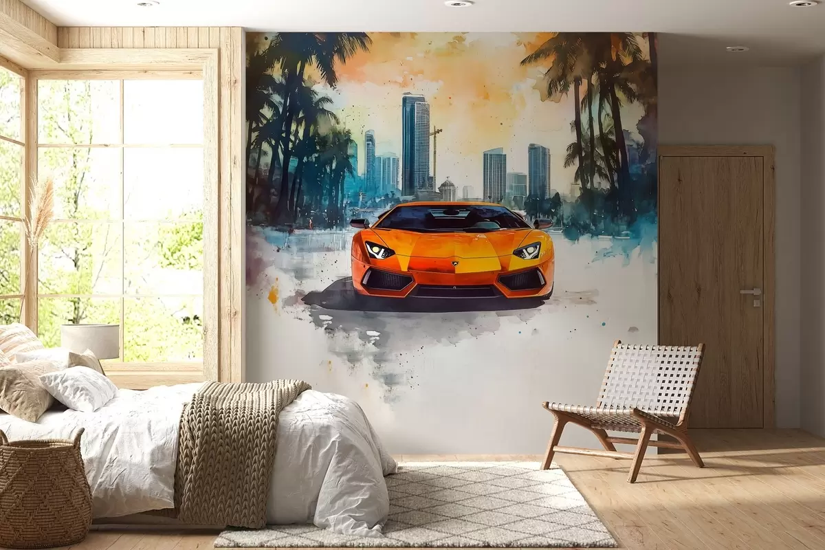 murales de pared Brillante coche deportivo moderno sobre el fondo de palmeras y rascacielos en técnica de acuarela a la prima w01964