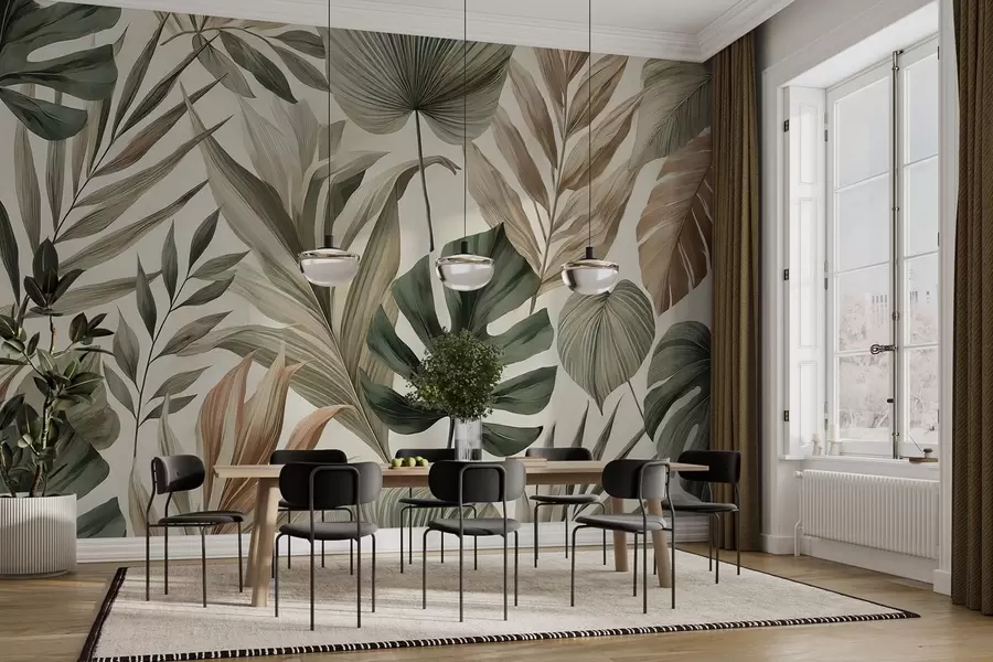 murales de pared Grandes hojas tropicales en delicados y sobrios tonos pastel w02082