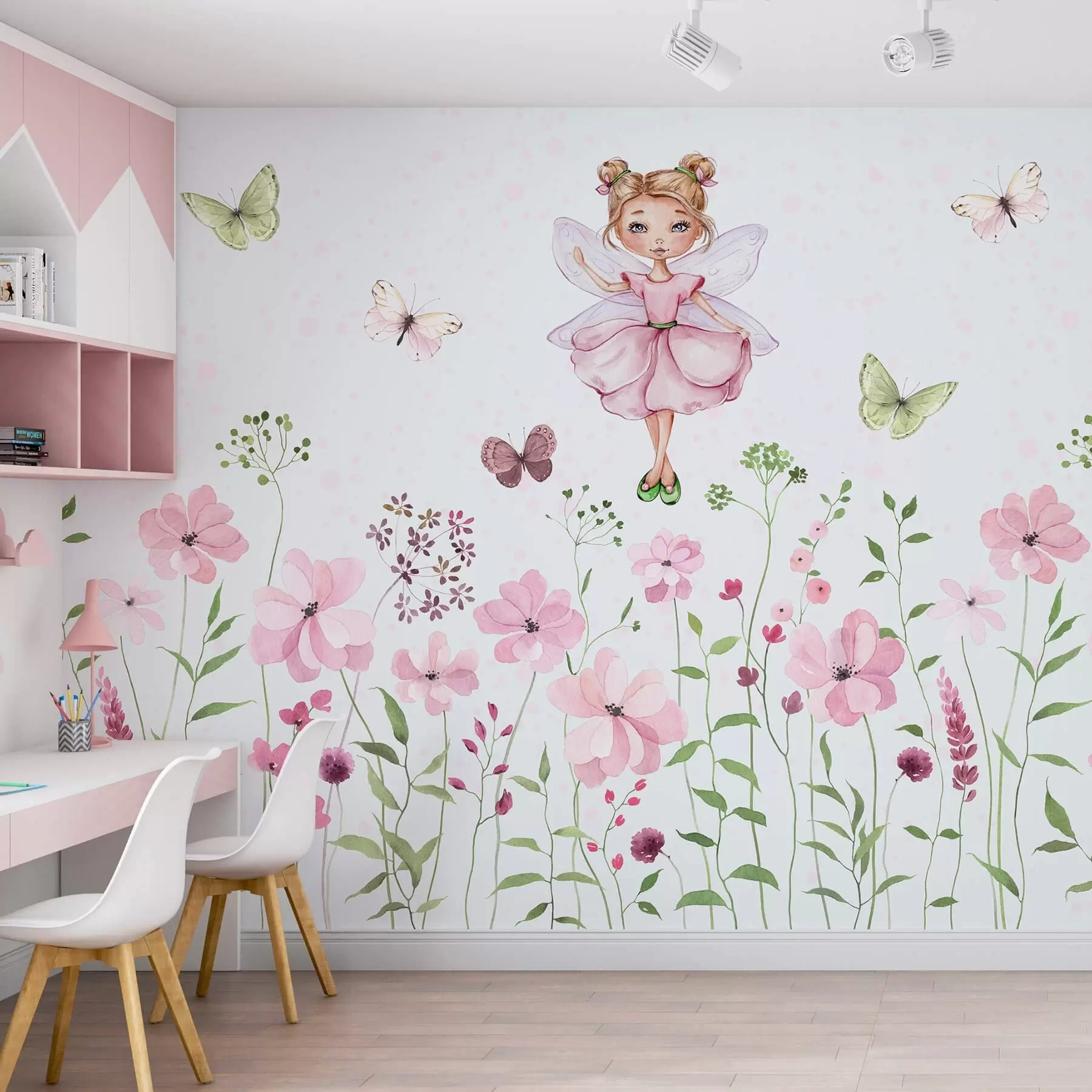 murales de pared Un hada entre flores y mariposas w01460