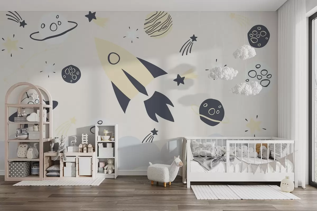 murales de pared planetas, cohete espacial, estrellas en el espacio exterior en colores amarillos w02087