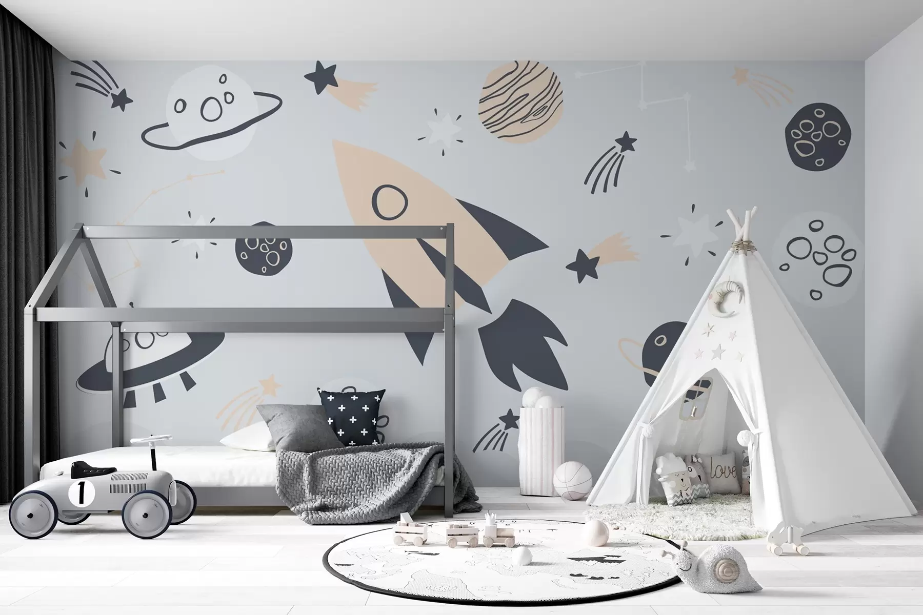 murales de pared planetas, cohete espacial, estrellas en el espacio exterior en tonos grises w02087v1