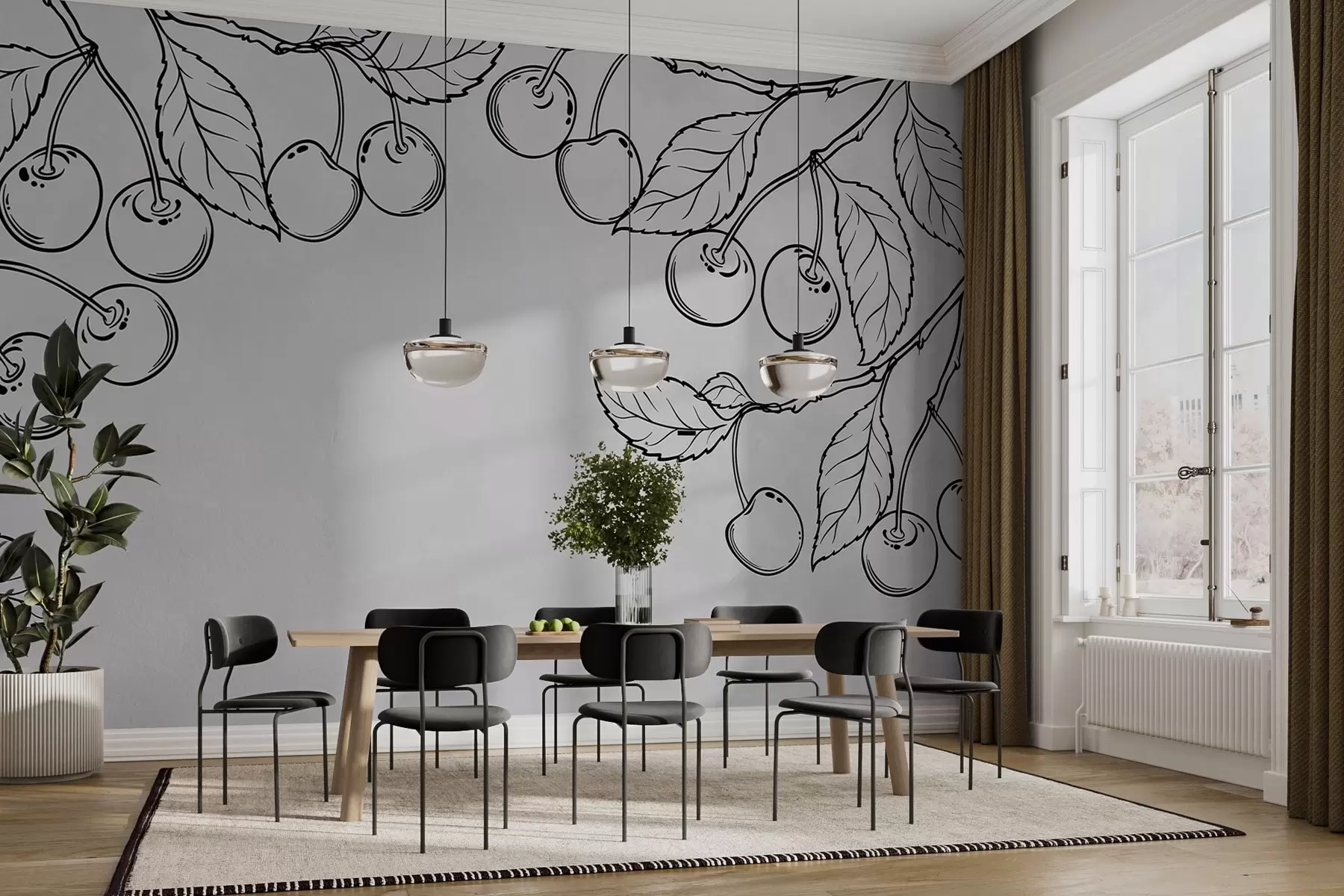 murales de pared ramas pintadas con cerezas sobre fondo gris w02094