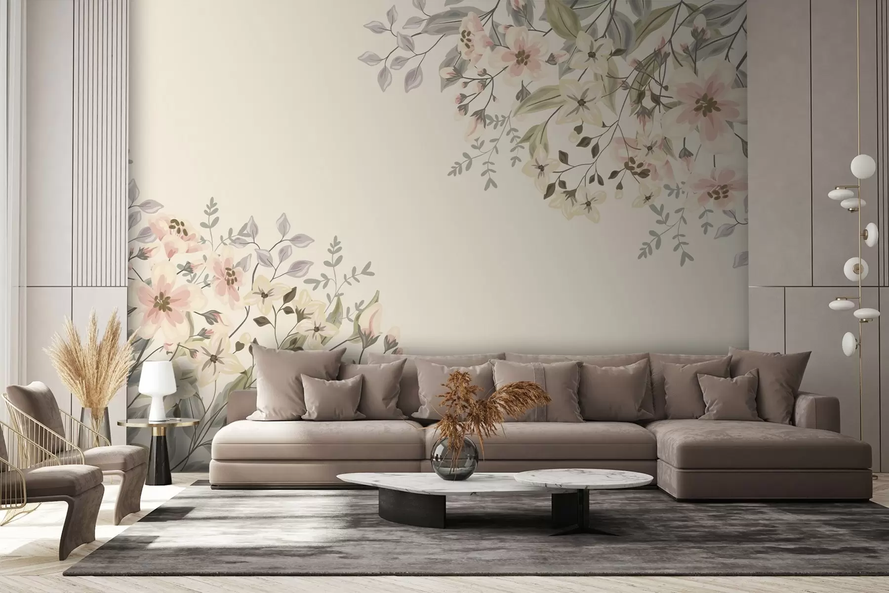 murales de pared flores y hojas en las esquinas sobre fondo beige w02095