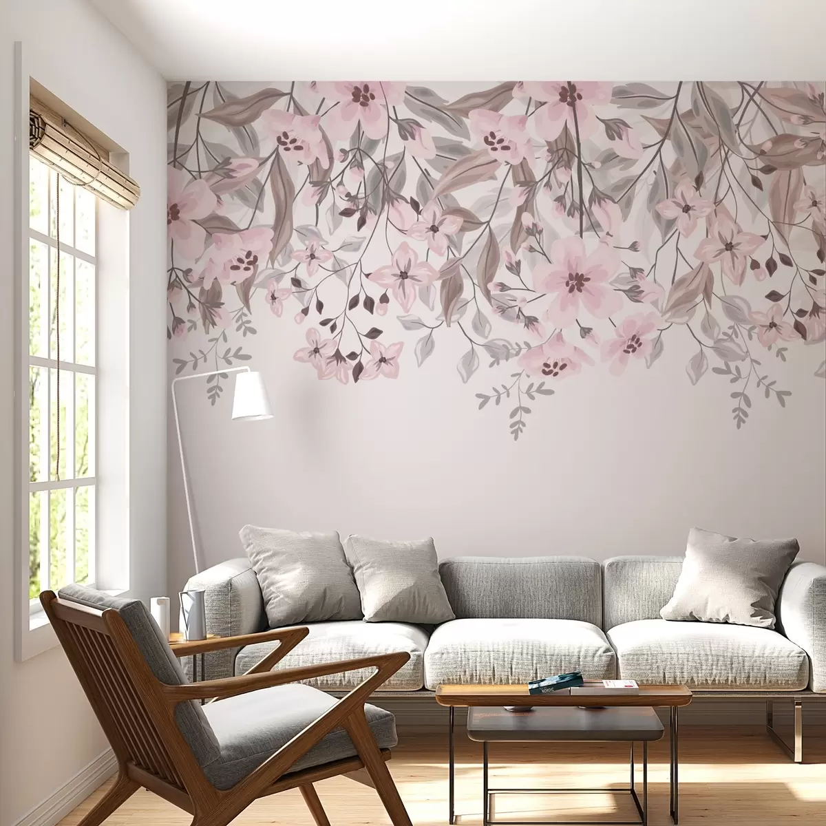 Murales de pared flores y hojas desde arriba sobre fondo gris w02096v1 murales de pared flores y hojas desde arriba sobre fondo gris w02096v1