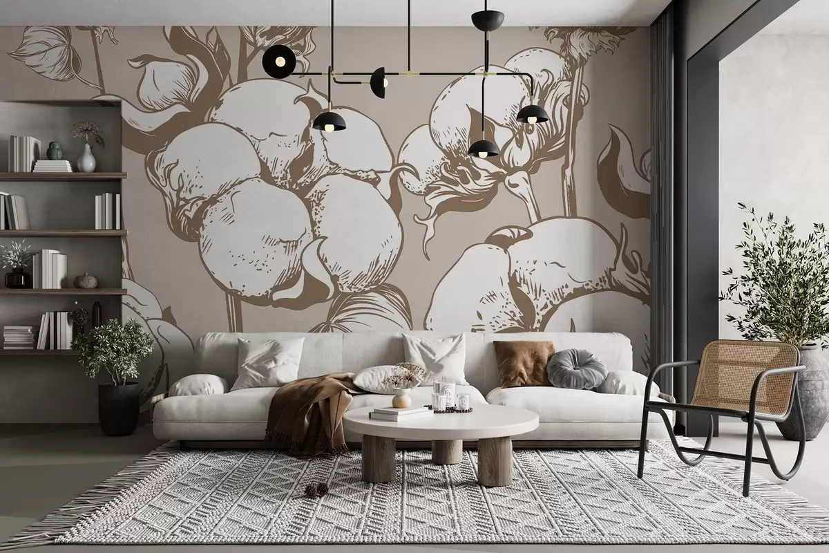 murales de pared Flores de algodón sobre un delicado fondo beige y marrón w02097v2