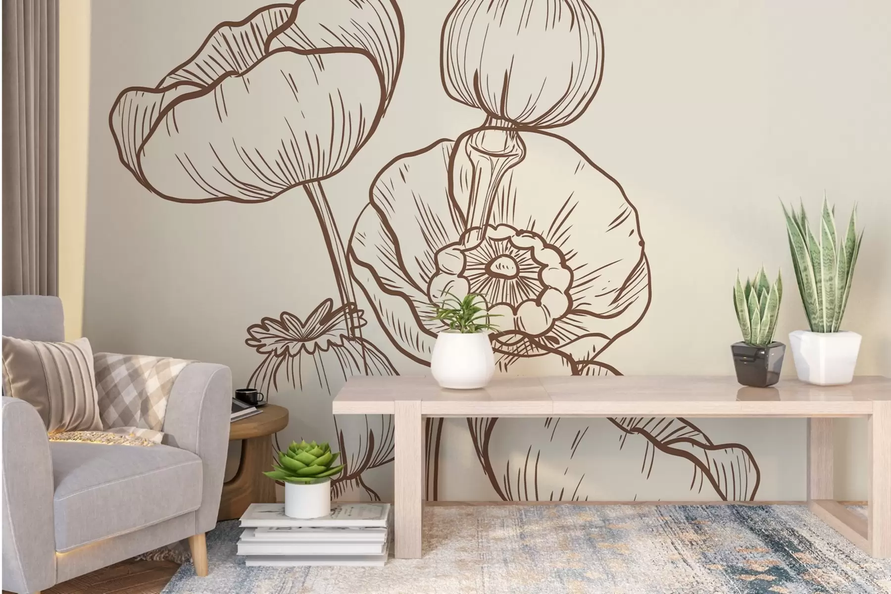 murales de pared Flor de amapola marrón, con líneas,Amapola w02100v2
