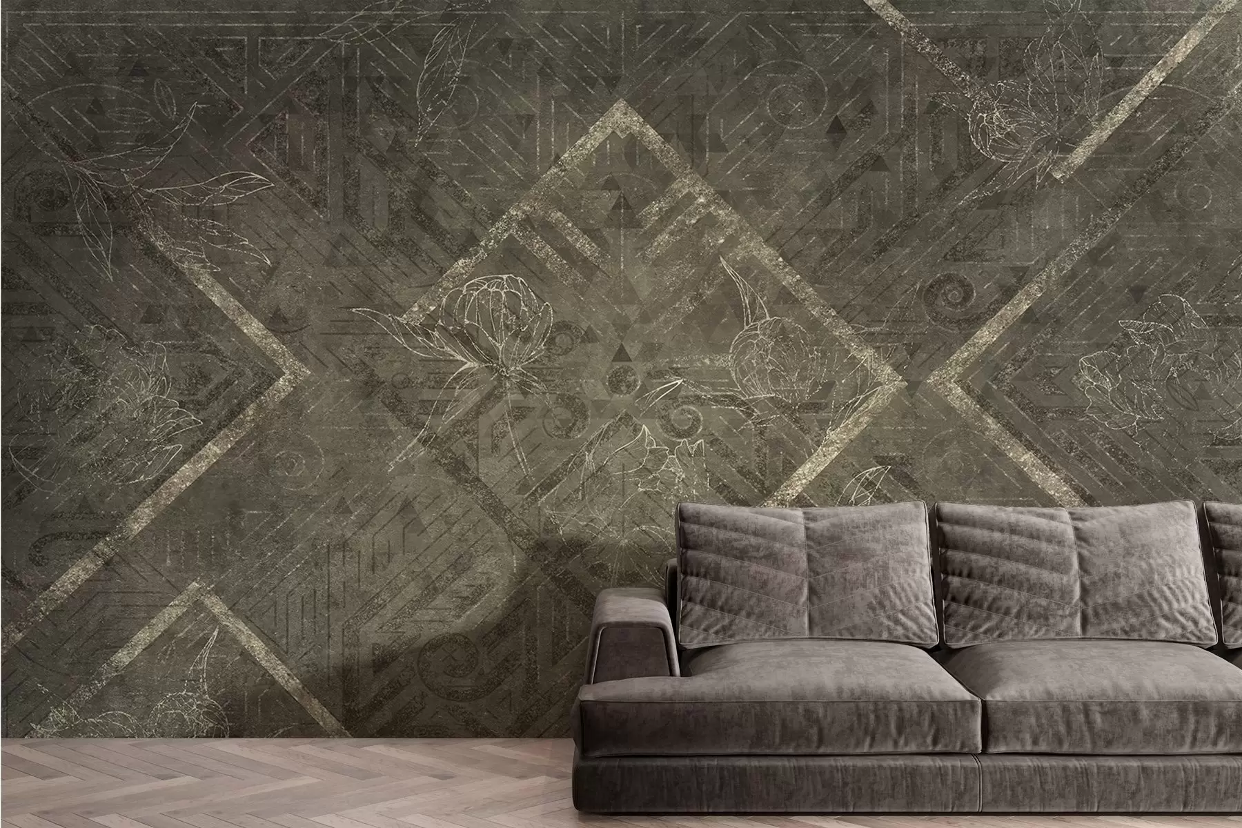 murales de pared Textura grunge con motivos florales en color amarillo w02079