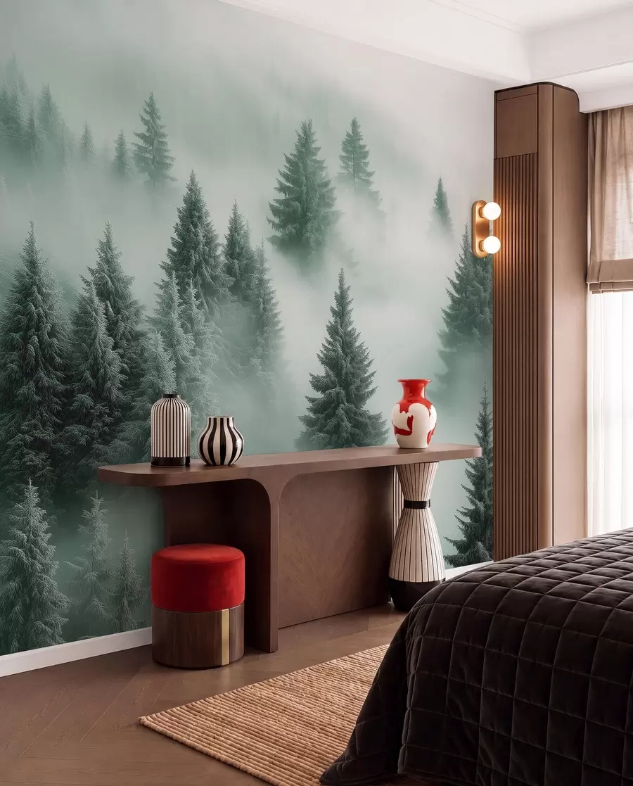murales de pared Niebla espesa que envuelve un bosque nevado por la mañana en tonos verdes w02064v1