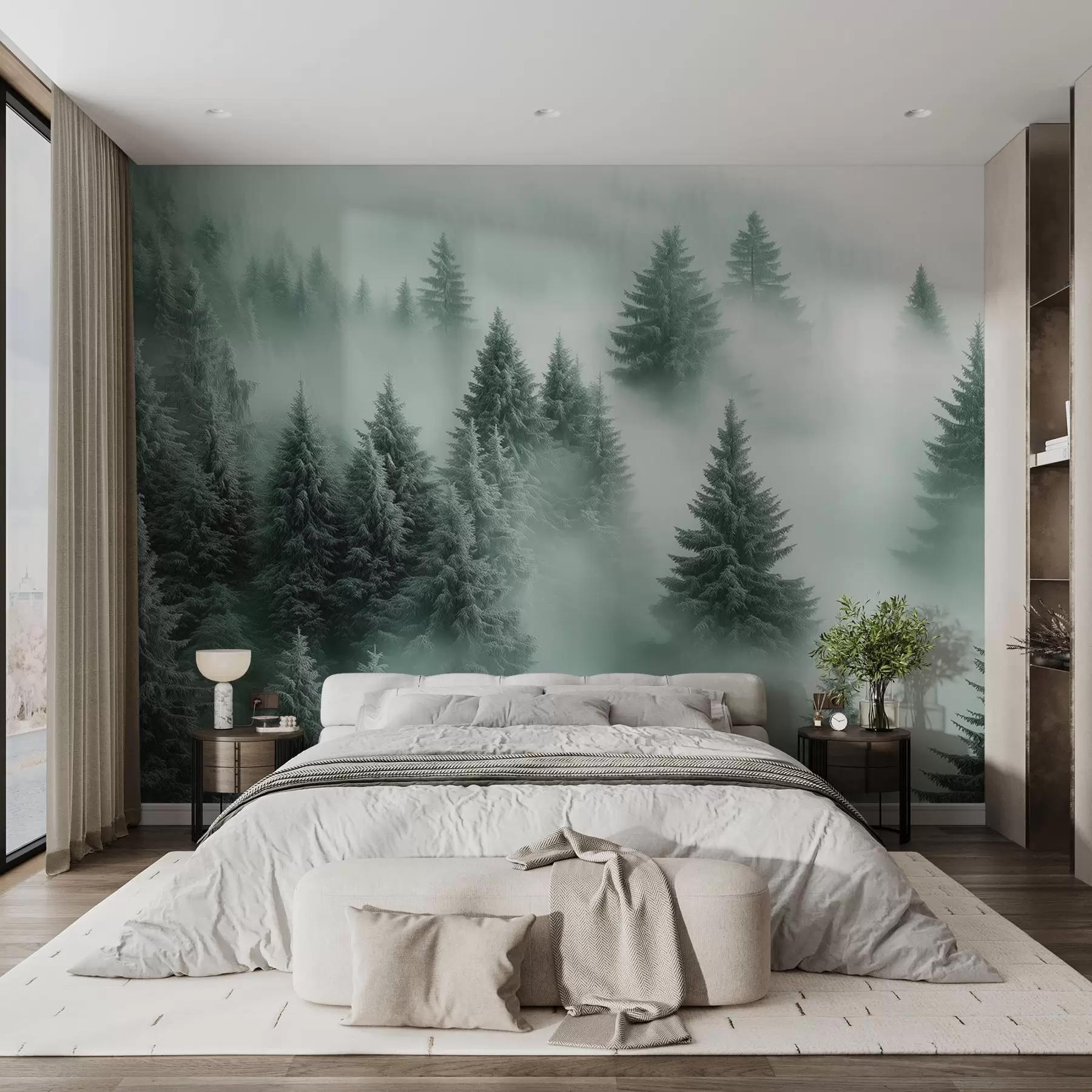 murales de pared Niebla espesa que envuelve un bosque nevado por la mañana en tonos verdes w02064v1