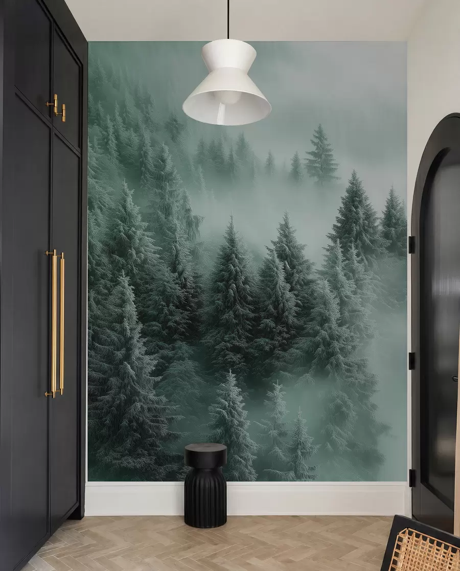 murales de pared Niebla espesa que envuelve un bosque nevado por la mañana en tonos verdes w02064v1