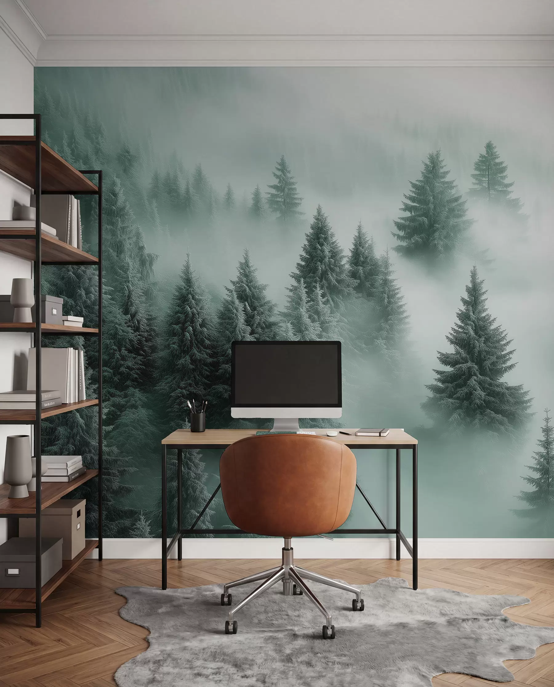 murales de pared Niebla espesa que envuelve un bosque nevado por la mañana en tonos verdes w02064v1