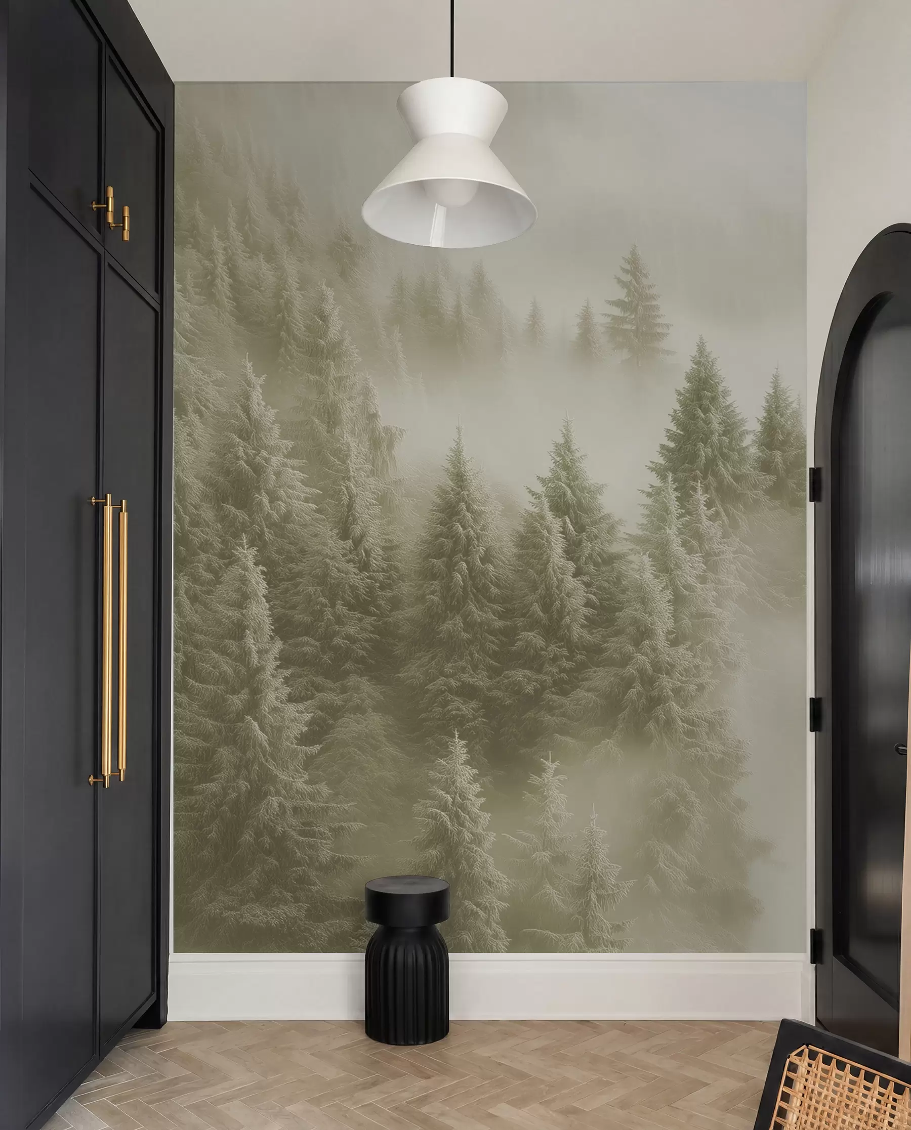 murales de pared Coníferas en niebla oliva w02064v2