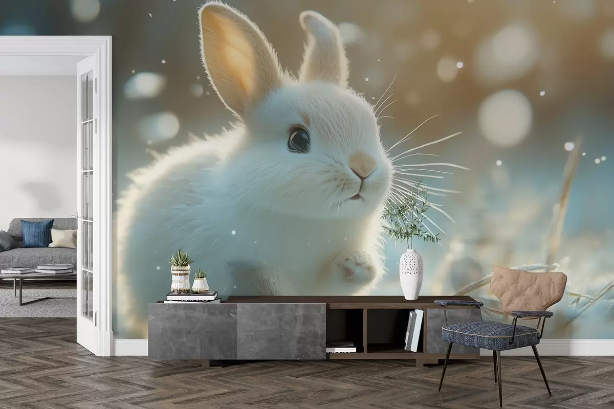 murales de pared Un lindo conejo blanco corriendo por la nieve matutina w02066