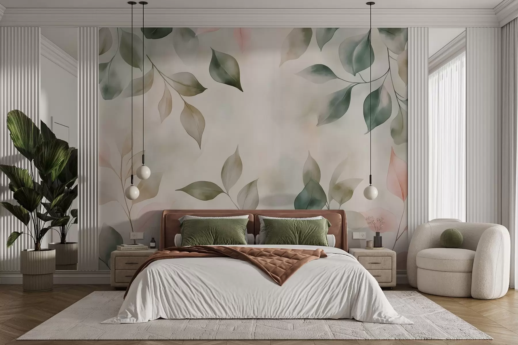murales de pared Acuarela verde salvia y follaje rosa w02069