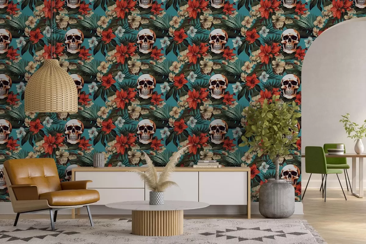 Murales de pared Patrón en esterillas tropicales con flores y calaveras w02122 murales de pared Patrón en esterillas tropicales con flores y calaveras w02122