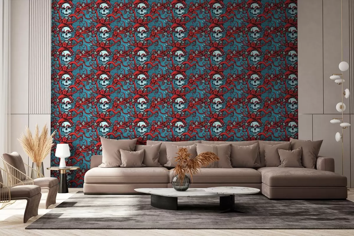 Murales de pared Motivo místico con calaveras y tentáculos rojos de pulpo sobre fondo turquesa w02123 murales de pared Motivo místico con calaveras y tentáculos rojos de pulpo sobre fondo turquesa w02123