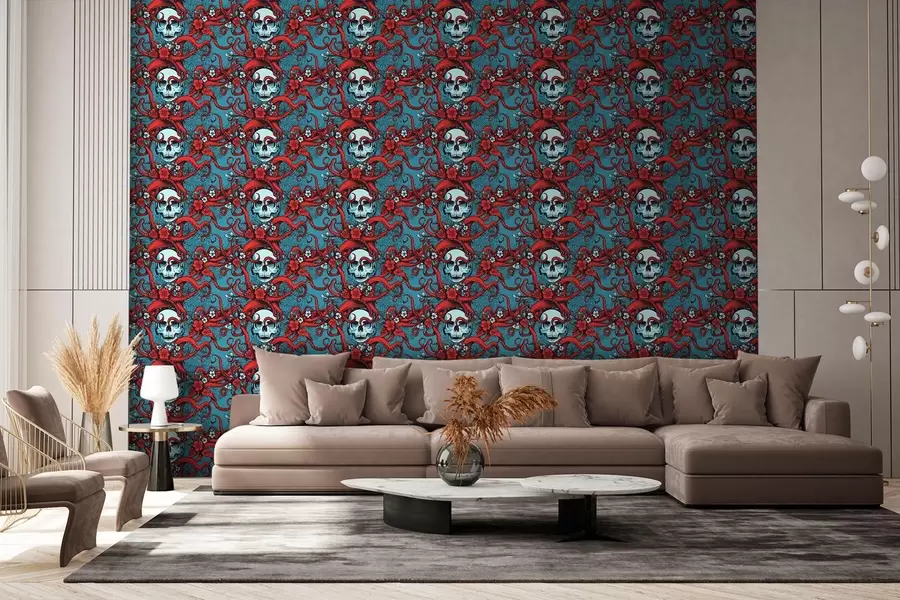 Murales de pared Motivo místico con calaveras y tentáculos rojos de pulpo sobre fondo turquesa w02123 murales de pared Motivo místico con calaveras y tentáculos rojos de pulpo sobre fondo turquesa w02123