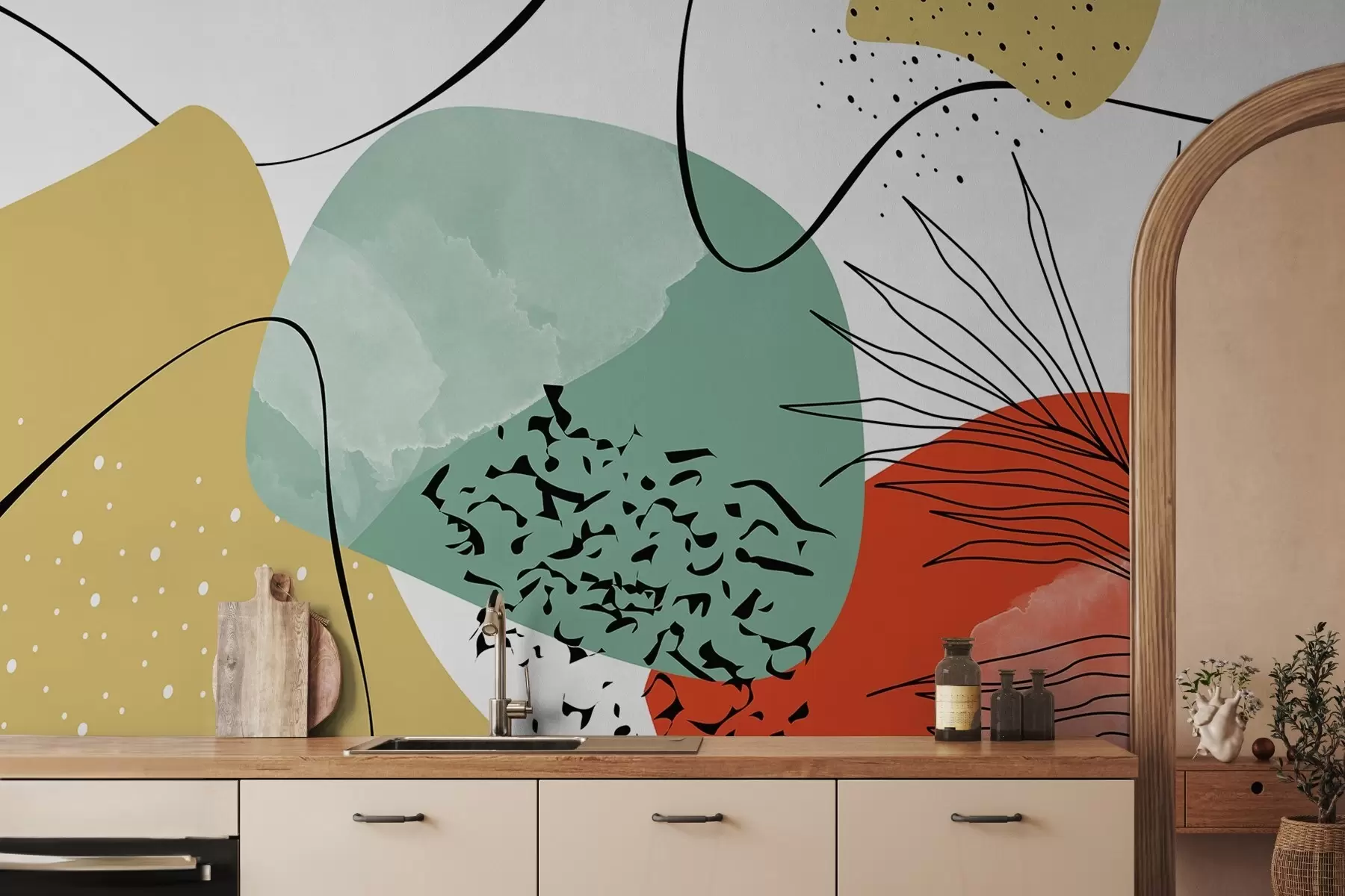 murales de pared Abstracción geométrica de manchas y líneas azul, rojo, amarillo w02168v1