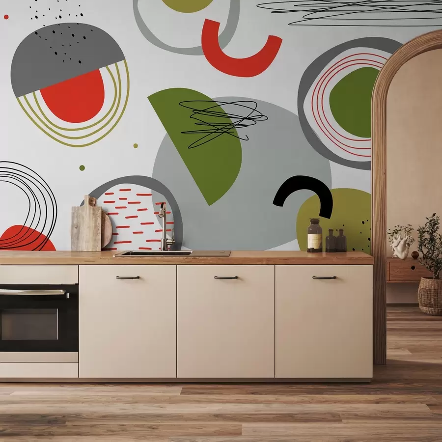 Murales de pared Abstracción de formas geométricas y líneas, color verde, gris, rojo w02170 murales de pared Abstracción de formas geométricas y líneas, color verde, gris, rojo w02170