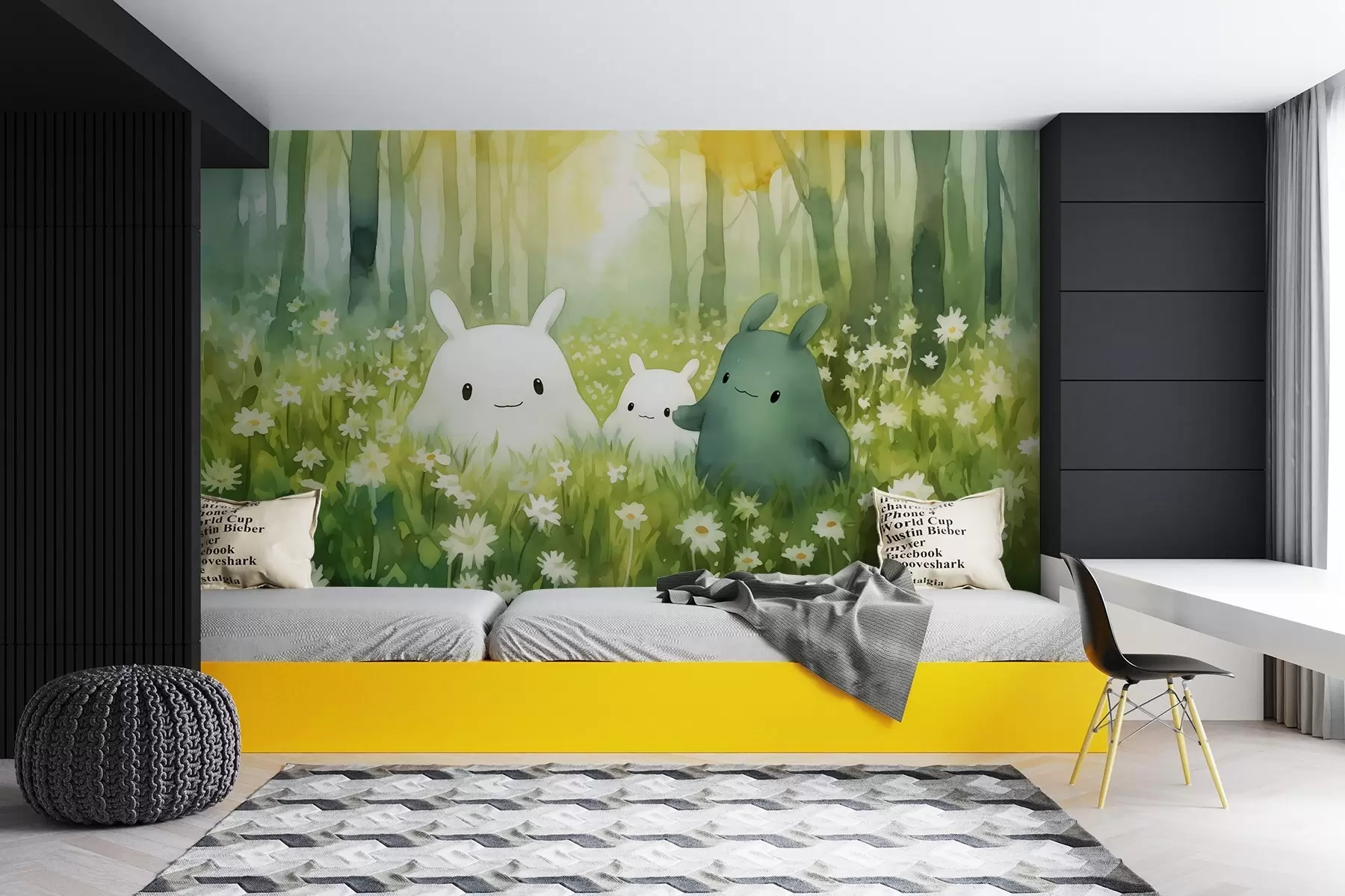 murales de pared Monstruos en un campo de manzanilla en el bosque w02174