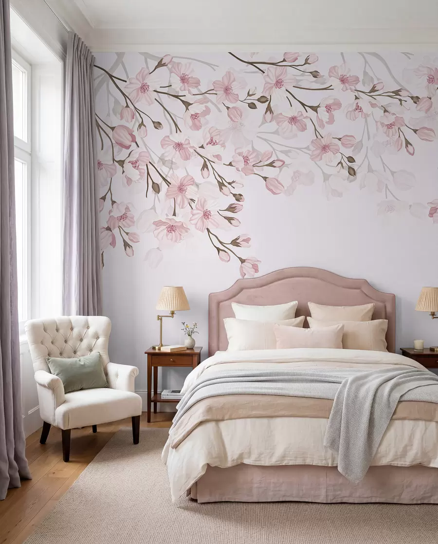 murales de pared ramas con flores rosas sobre fondo rosa w02200