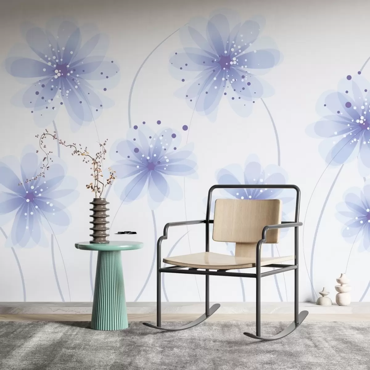 Murales de pared delicadas flores azules pintadas w02207 murales de pared delicadas flores azules pintadas w02207