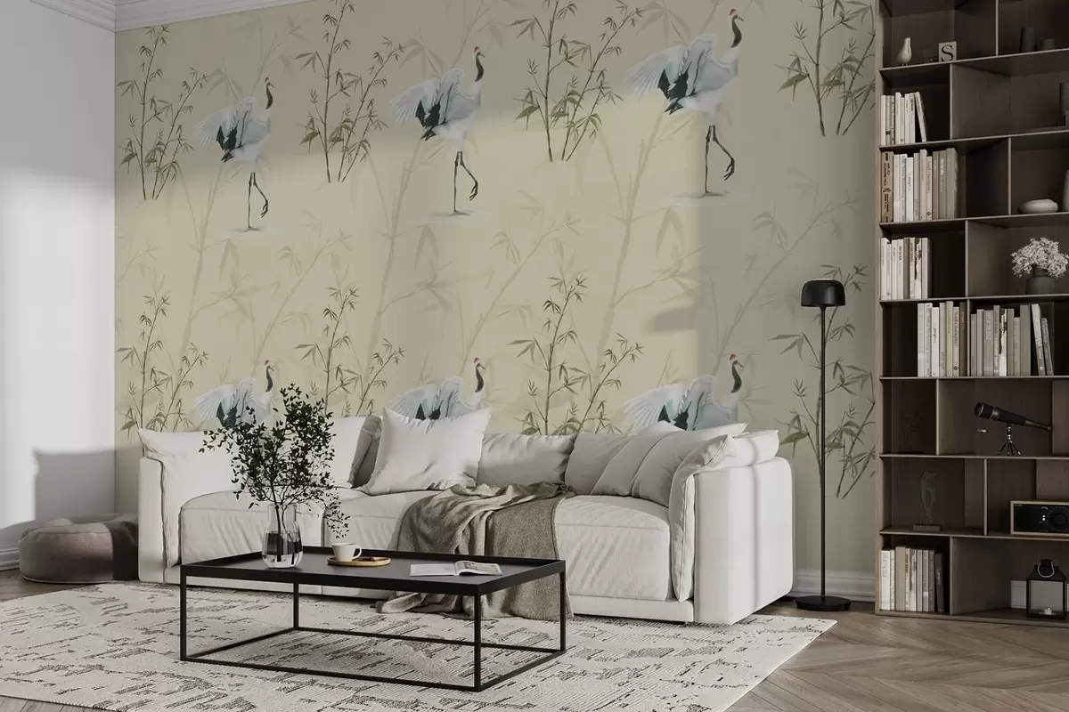 murales de pared Elegantes grullas entre delicados bambúes w00770