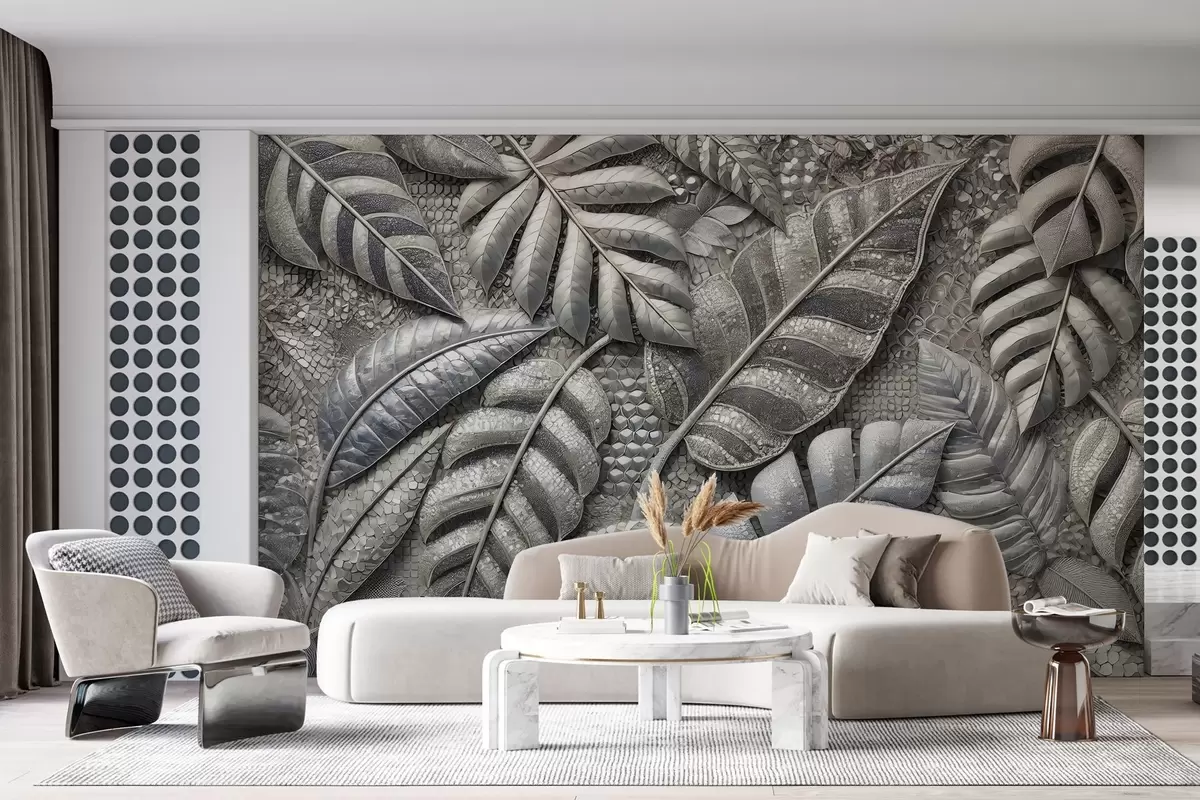 Murales de pared Grandes hojas tropicales en delicados tonos plateados, en estilo mosaico texturizado w02135 murales de pared Grandes hojas tropicales en delicados tonos plateados, en estilo mosaico texturizado w02135