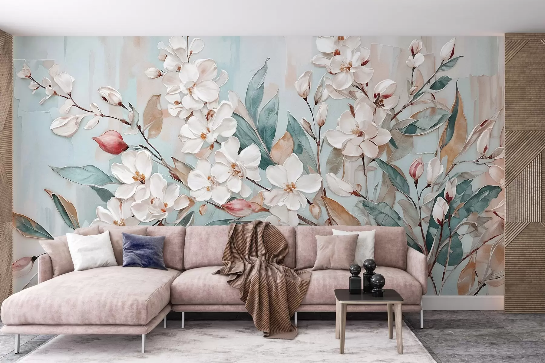 murales de pared Floral de delicadas flores blancas con centros rosas, rodeadas de exuberantes hojas y ramas verdes w08399