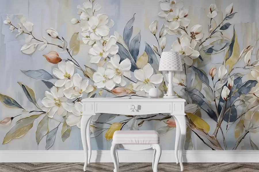 murales de pared Floral de delicadas flores blancas con centros amarillos, rodeadas de exuberantes hojas y ramas verdes w08399v1