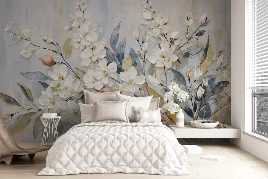 murales de pared Floral de delicadas flores blancas con centros amarillos, rodeadas de exuberantes hojas y ramas verdes w08399v1