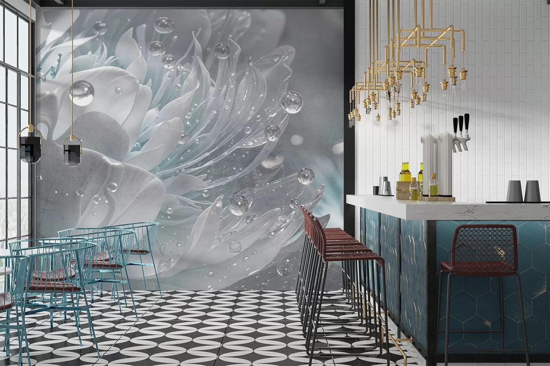 murales de pared Primer plano de una flor de peonía azul con gotas de agua sobre sus delicados pétalos, creando una atmósfera suave w08402v1
