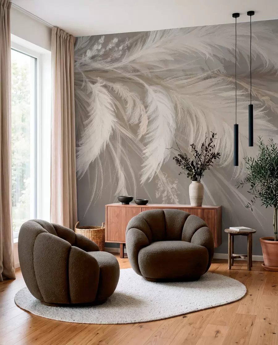 murales de pared Suaves y esponjosas plumas blancas y flores secas sobre un fondo neutro beige pastel w08403