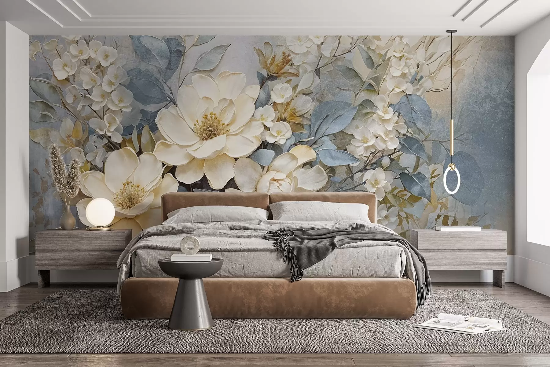murales de pared Grandes flores blancas y amarillo pálido con hojas gris verdosas sobre un fondo suave y difuminado w08404