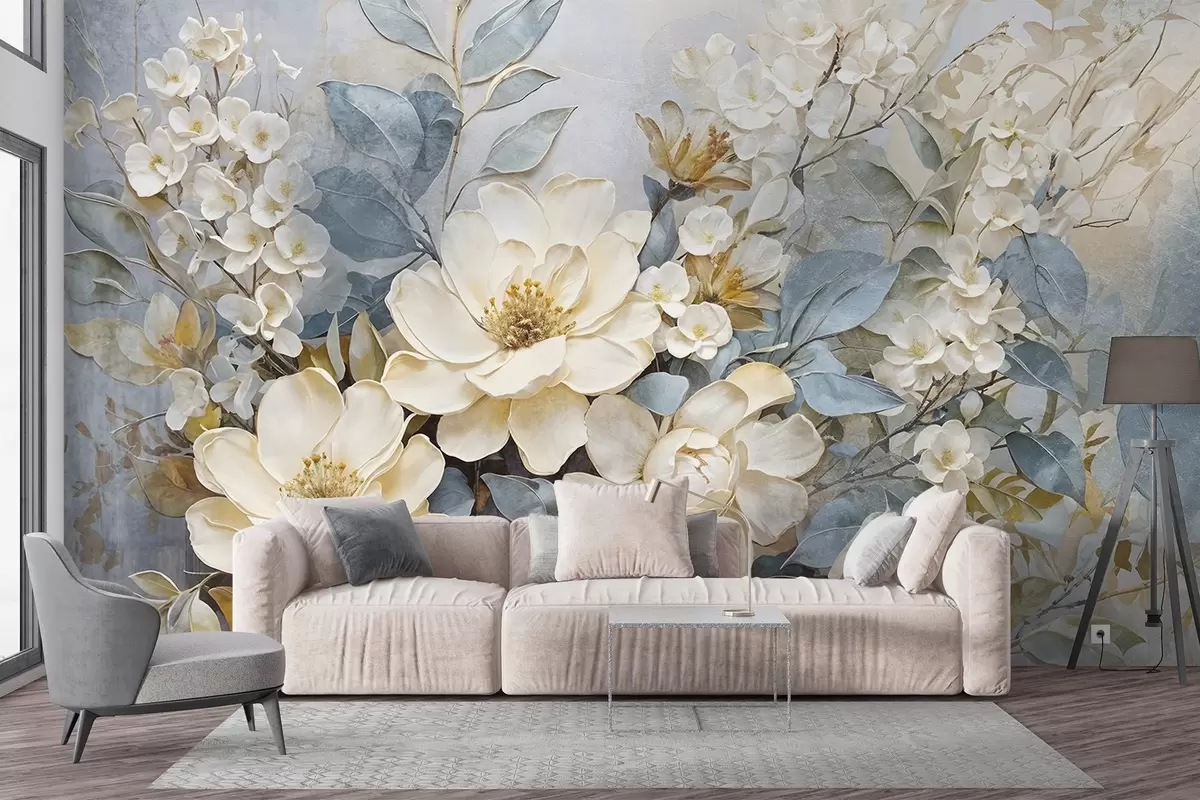 Murales de pared Grandes flores blancas y amarillo pálido con hojas gris verdosas sobre un fondo suave y difuminado w08404 murales de pared Grandes flores blancas y amarillo pálido con hojas gris verdosas sobre un fondo suave y difuminado w08404