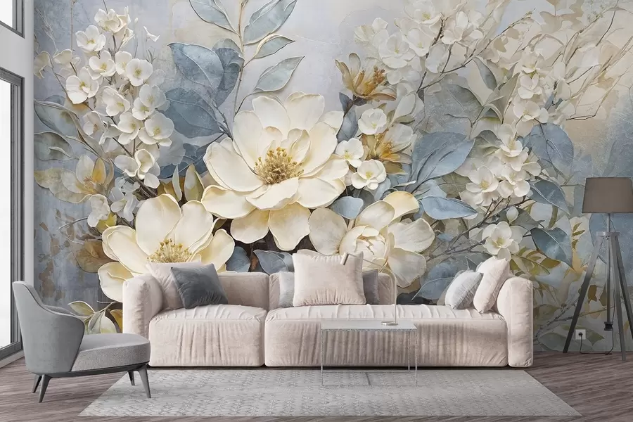 Murales de pared Grandes flores blancas y amarillo pálido con hojas gris verdosas sobre un fondo suave y difuminado w08404 murales de pared Grandes flores blancas y amarillo pálido con hojas gris verdosas sobre un fondo suave y difuminado w08404