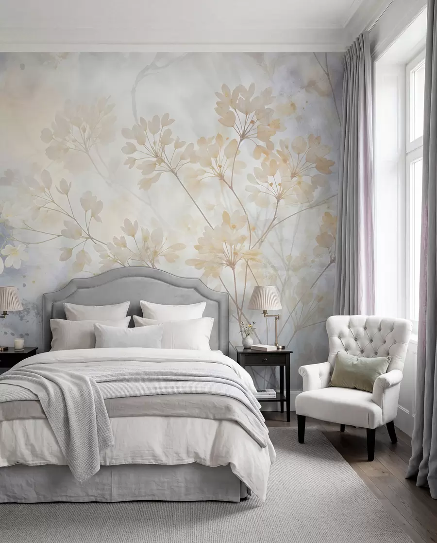 murales de pared Delicado estampado abstracto en tonos pastel de flores blancas sobre fondo difuminado, suave y etéreo w08408