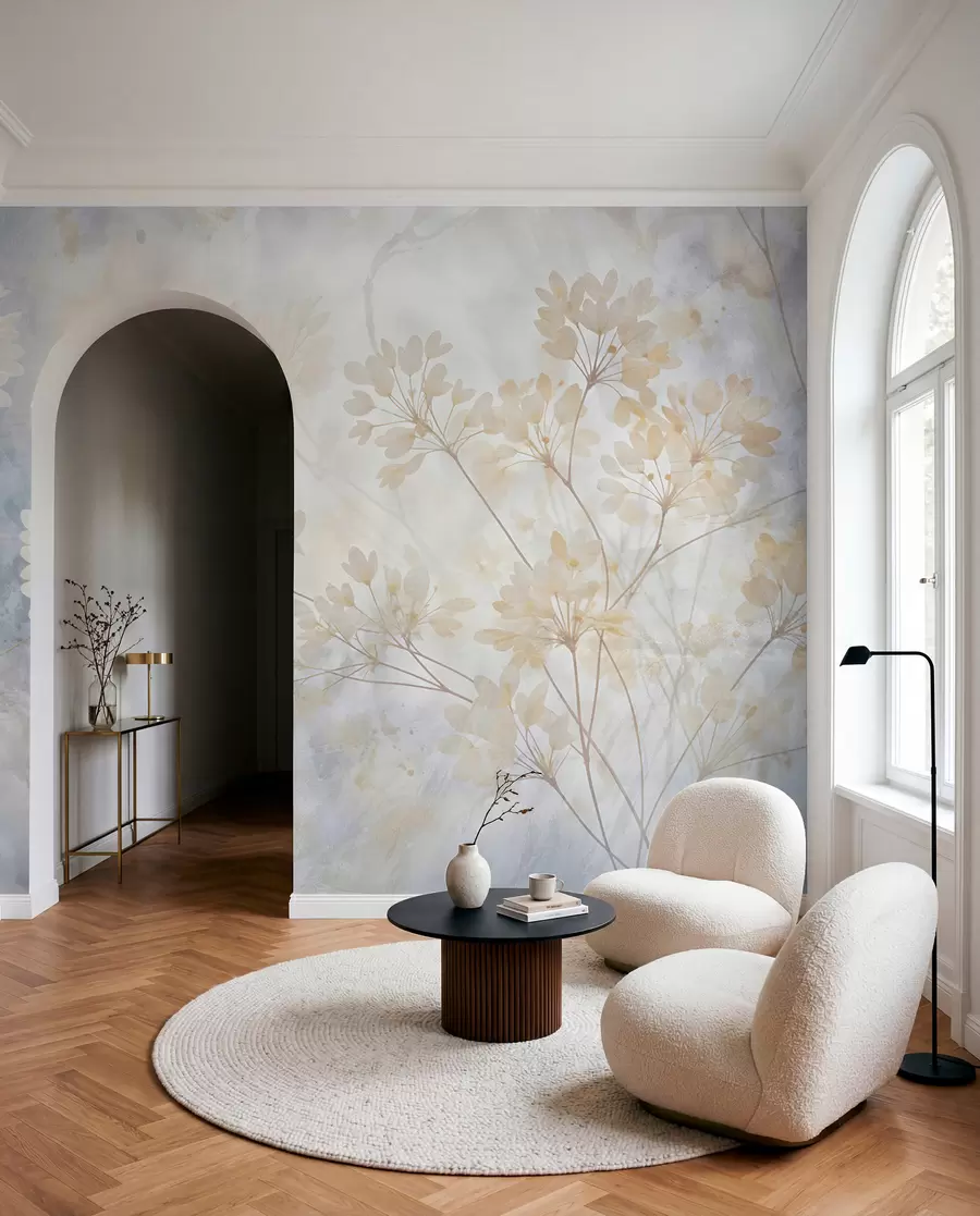 murales de pared Delicado estampado abstracto en tonos pastel de flores blancas sobre fondo difuminado, suave y etéreo w08408